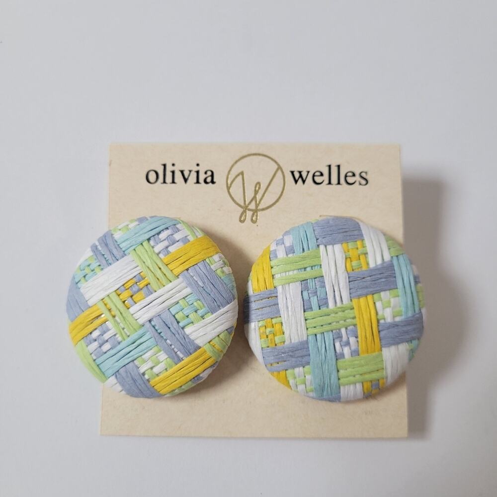 Olivia Welles Large Round Woven Button Post Pastel Earrings Coastal Grandma -**